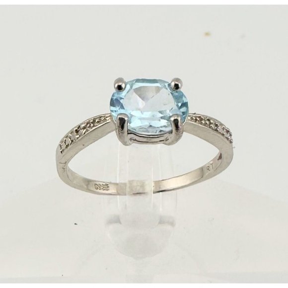 Shimmering Blue Topaz, Oval Cut with Diamond Accent Ring in Sterling Silver - Be - Picture 1 of 9